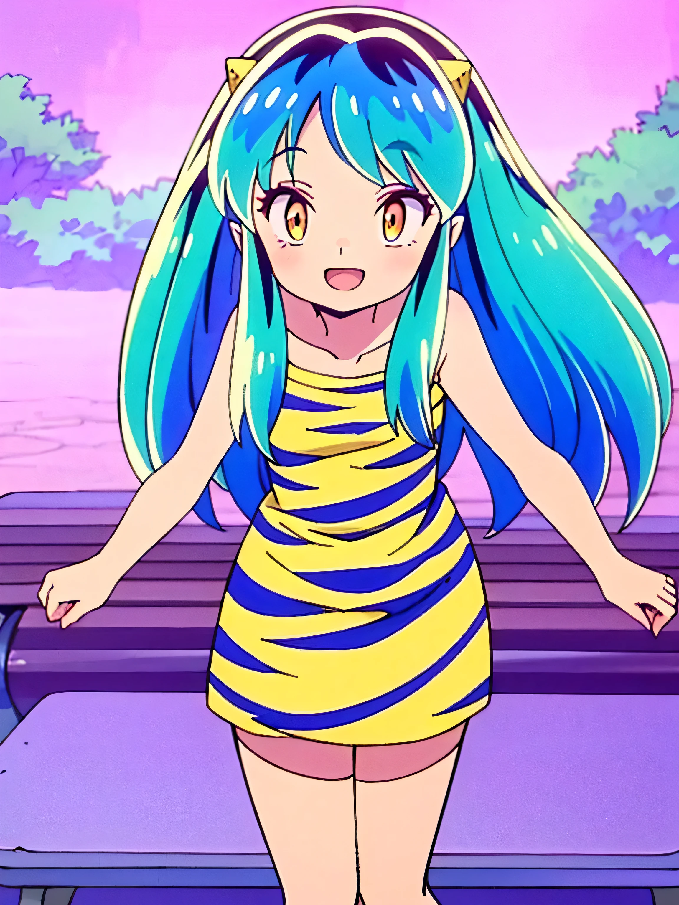 (masterpiece, high quality, 16k anime quality, anime style, retro art style, clean brush strokes, very detailed, perfect anatomy), (front view, from below), little girl, solo, (Ram), (beautiful eye details), yellow eyes, (multi-colored hair, aqua blue hair, long hair, thick unevenly parted bangs), open mouth, smiling, cowboy shot, collarbone, (little girl dress, children's clothing, leopard print), (dancing, fluttering, looking forward), looking at viewer, (park background, on a bench),