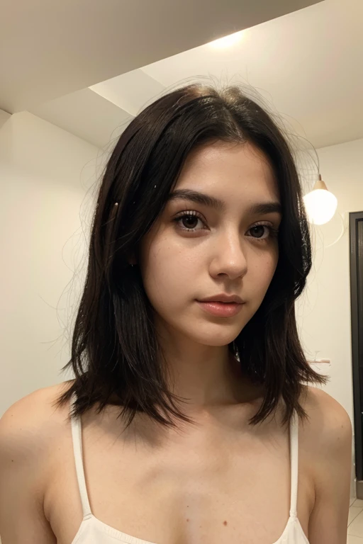 20 year old woman black hair shoulder length straight white face thin nose outlined