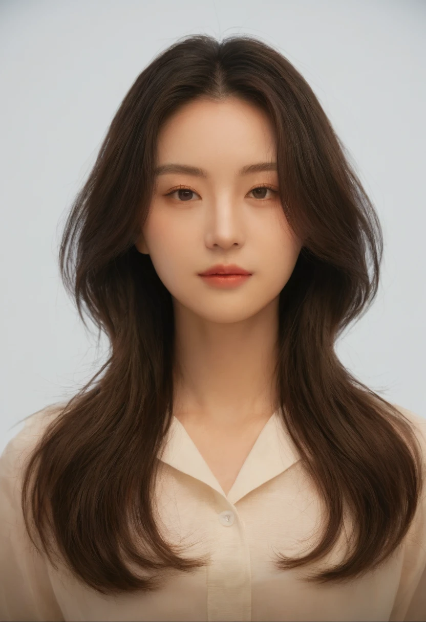 Best Quality, 8k, Masterpiece, (Portrait: 1.3), (photo realistic:1.4), (hyper realistic:1.4), Sharp Focus, looking at viewer, (smoother lighting:1.1), (increase cinematic lighting quality:0.9), realistic lighting, backlighting, light on face, ray trace, (brightening light:1.2), (Increase quality:1.4), sharp detail, (best quality real texture skin:1.4), finely detailed eyes, black_eyes, finely detailed face, 25 year old Korean woman, (white formal_shirt:1.4), (Create an image maintaining the original base model hairstyle:1.5)