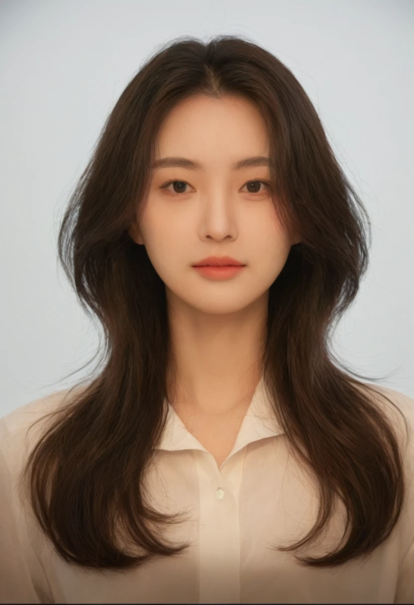 Best Quality, 8k, Masterpiece, (Portrait: 1.3), (photo realistic:1.4), (hyper realistic:1.4), Sharp Focus, looking at viewer, (smoother lighting:1.1), (increase cinematic lighting quality:0.9), realistic lighting, backlighting, light on face, ray trace, (brightening light:1.2), (Increase quality:1.4), sharp detail, (best quality real texture skin:1.4), finely detailed eyes, black_eyes, finely detailed face, 25 year old Korean woman, (white formal_shirt:1.4), (Create an image maintaining the original base model hairstyle:1.5)