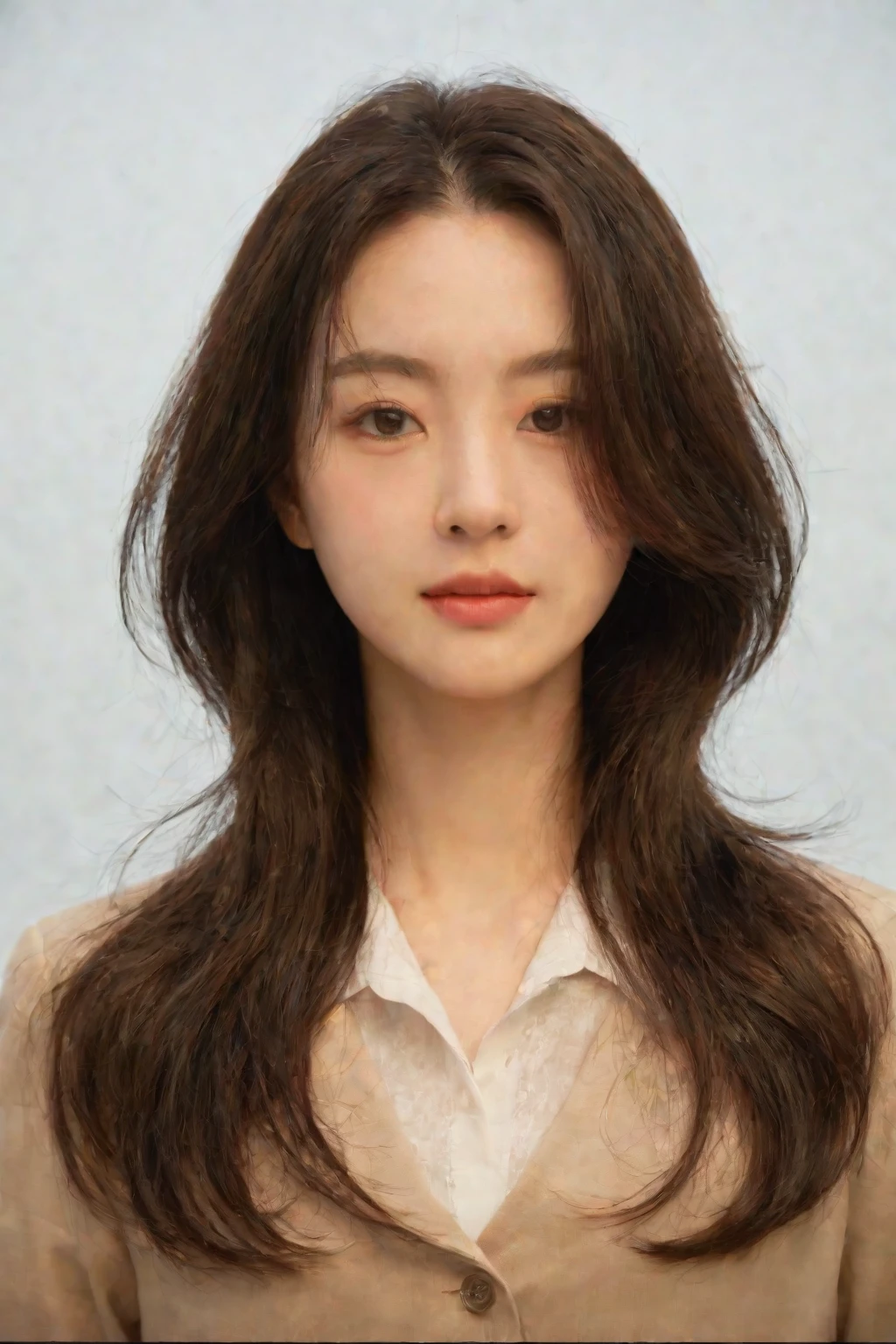 Best Quality, 8k, Masterpiece, (Portrait: 1.3), (photo realistic:1.4), (hyper realistic:1.4), Sharp Focus, looking at viewer, (smoother lighting:1.1), (increase cinematic lighting quality:0.9), realistic lighting, backlighting, light on face, ray trace, (brightening light:1.2), (Increase quality:1.4), sharp detail, (best quality real texture skin:1.4), finely detailed eyes, black_eyes, finely detailed face, 25 year old Korean woman, (white formal_shirt:1.4), (Create an image maintaining the original base model hairstyle:1.5)