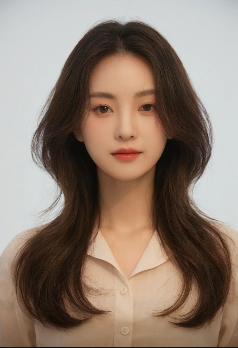Best Quality, 8k, Masterpiece, (Portrait: 1.3), (photo realistic:1.4), (hyper realistic:1.4), Sharp Focus, looking at viewer, (smoother lighting:1.1), (increase cinematic lighting quality:0.9), realistic lighting, backlighting, light on face, ray trace, (brightening light:1.2), (Increase quality:1.4), sharp detail, (best quality real texture skin:1.4), finely detailed eyes, black_eyes, finely detailed face, 25 year old Korean woman, (white formal_shirt:1.4), (Create an image maintaining the original base model hairstyle:1.5)
