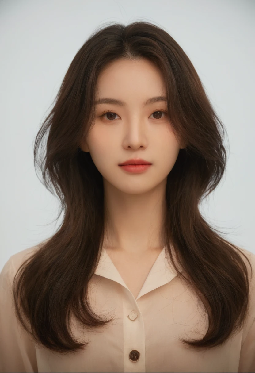 Best Quality, 8k, Masterpiece, (Portrait: 1.3), (photo realistic:1.4), (hyper realistic:1.4), Sharp Focus, looking at viewer, (smoother lighting:1.1), (increase cinematic lighting quality:0.9), realistic lighting, backlighting, light on face, ray trace, (brightening light:1.2), (Increase quality:1.4), sharp detail, (best quality real texture skin:1.4), finely detailed eyes, black_eyes, finely detailed face, 25 year old Korean woman, (white formal_shirt:1.4), (Create an image maintaining the original base model hairstyle:1.5)