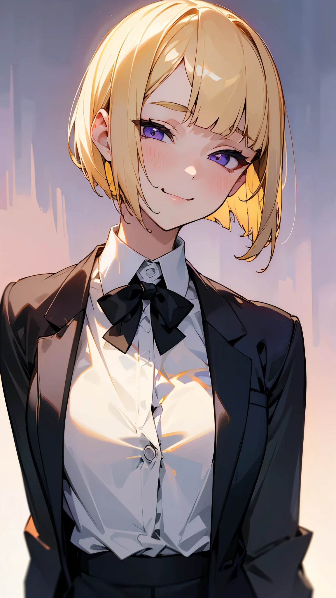 1 Girl、(blonde)、short hair、Bobcut、Blunt bangs、Beautiful purple eyes、Slender body、Upper body close-up、White shirt、Black work trousers、Black Fitted Blazer、Calm face、Mouth closed、Cheeky Smile、Squint your eyes、Park in the background、sunset、Soft lighting.