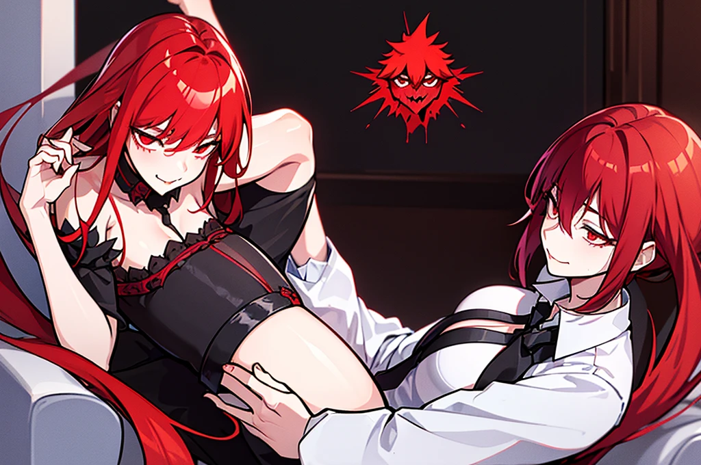 there is a woman with red hair wearing a black tie, handsome japanese demon girl, androgynous vampire, delicate androgynous prince, cai xukun, pale red, with long red hair, girl ulzzang, beautiful androgynous prince, with red hair, rias gremory, red wig, 1 7 - year - old anime goth girl