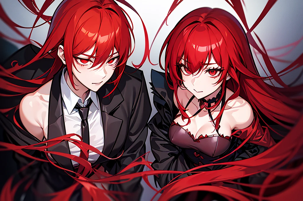 there is a woman with red hair wearing a black tie, handsome japanese demon girl, androgynous vampire, delicate androgynous prince, cai xukun, pale red, with long red hair, girl ulzzang, beautiful androgynous prince, with red hair, rias gremory, red wig, 1 7 - year - old anime goth girl