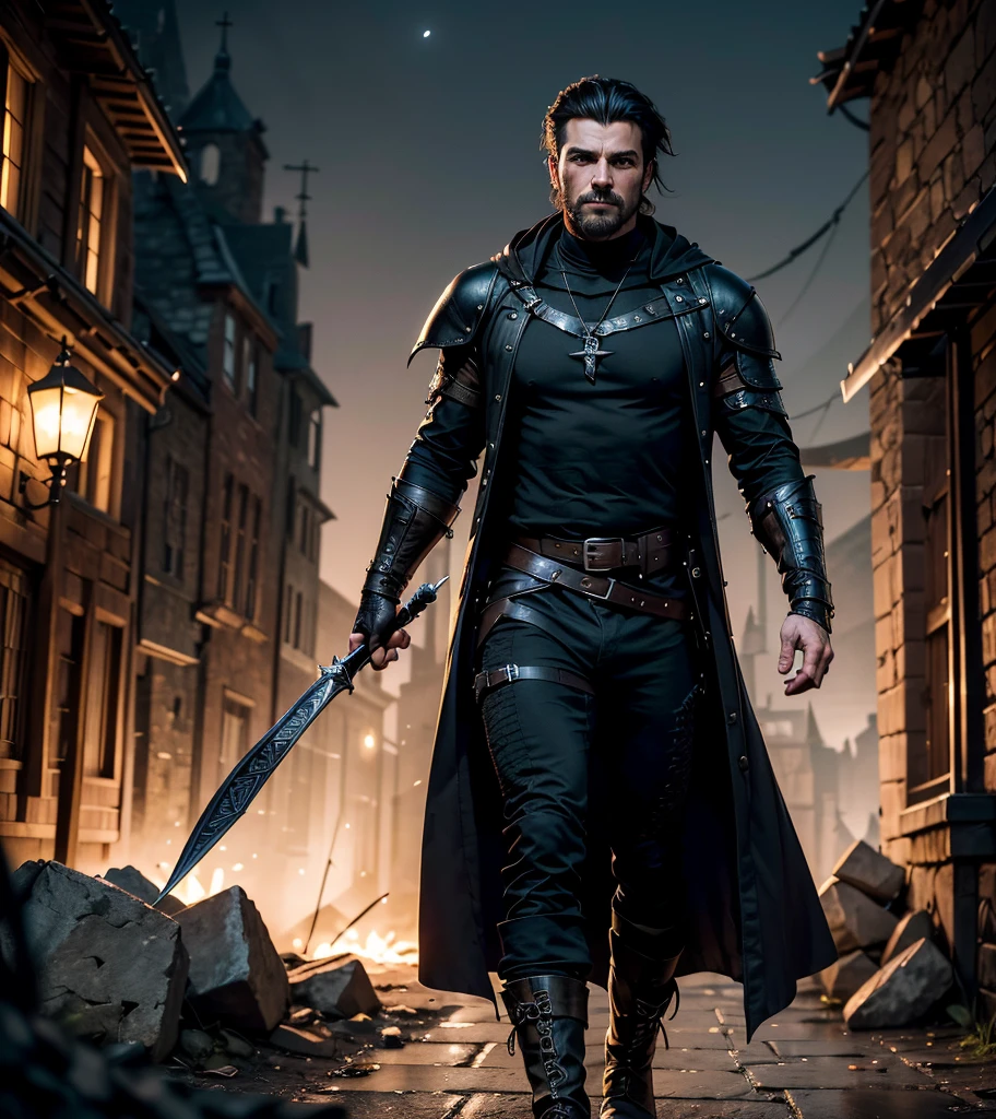(((Appears to be 20 years old with youthful looks.))) (((Dark and sinister background at night.))) (((Solo character image.))) (((Generate a single character image.))) Dark fantasy art, (((Dark, night time background.))) (((Strong elements of dark medieval fantasy.))) (((Handsome rugged male.))) Night background. Dark. Eerie. Dark fantasy art, long blond hair, Scoundrel. Vagabond. Miscreant. Knave. This is an urban explorer in a dark fantasy realm. Looks mysterious, wearing a black shirt, black pants and black boots. Looks like a sneaky rogue in medieval fantasy urban setting. Looks like a shady rogue in a medieval fantasy setting. Looks like a medieval fantasy male character. Looks like a male rogue for Dungeons & Dragons in a medieval fantasy setting. Wears lots of black clothing. Looks like a handsome criminal for a medieval fantasy setting. Looks shifty. Looks suspicious. Looks untrustworthy. wearing black leather medieval clothing, sneaky, rogue, muscular, bodybuilder, gorgeous face, fantasy artwork, fantasy attire, fantasy adventurer, masterpiece:1.3,madly detailed photo:1.2, hyper-realistic lifelike texture:1.4, picture-perfect:1.0,8k, HQ,best quality:1.0, (masterpiece,fantasy,art, best quality, unreal engine, 8k, ultra HD, centered image, absurdres