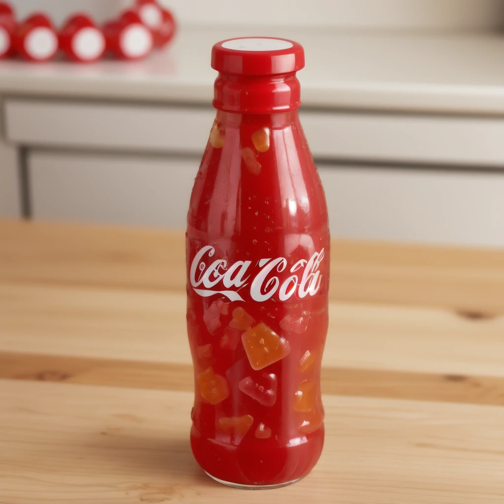  in the kitchen, on a wooden table, a red jelly bottle with a gummy candies inside of it, coca-cola, jelly texture, gummy texuture, candy, realistic texture, realistic style, detailed texture, high quality, high resolution, high quality rendering, realistic photo, brightning light, macro photo, ultra hd 4k
