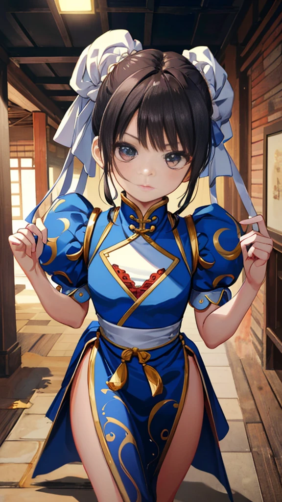 chun-li,((masterpiece)), ((best quality)), ((ultra detailed)), ((kawaii)), cute, (lovely), ((extremely detailed)), ((8K)), (beautiful),flat breast, tiny breast,full body