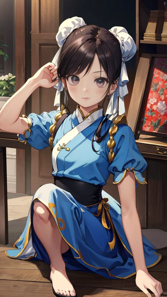 chun-li,((masterpiece)), ((best quality)), ((ultra detailed)), ((kawaii)), cute, (lovely), ((extremely detailed)), ((8K)), (beautiful),flat breast, tiny breast,full body