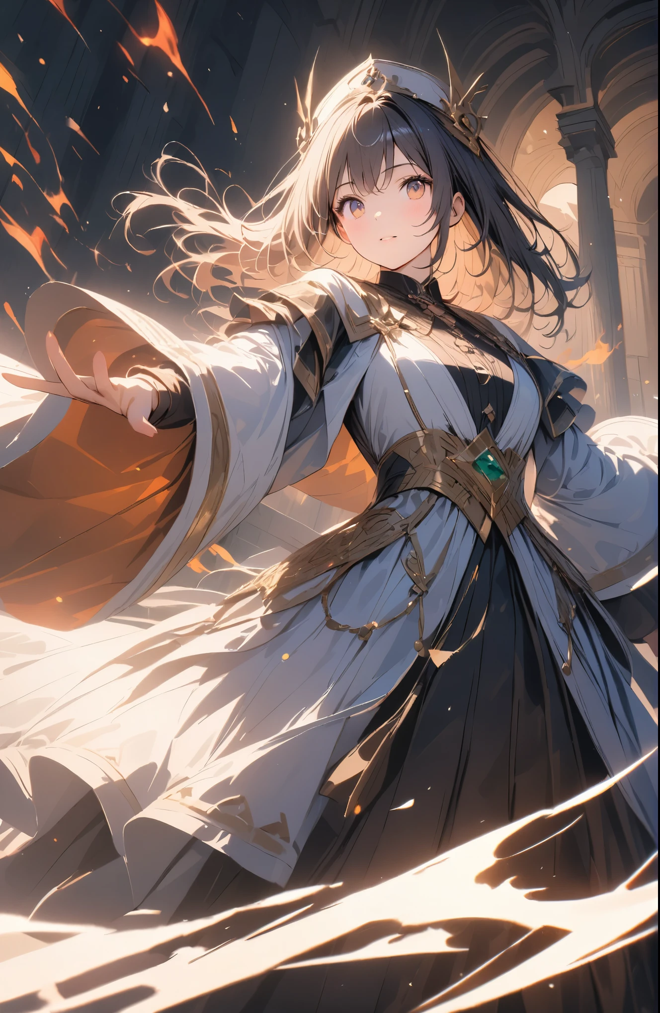 a beautiful fire priestess dancing amidst spectacular swirling flames, dramatic lighting, extreme detail, 8k, intricate ornate costume, elegant pose, intense fiery colors, volumetric lighting, photorealistic, cinematic composition, masterpiece, hyper detailed, ultra realistic,cute