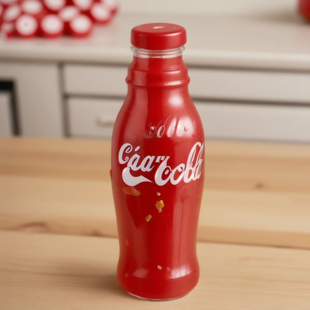  in the kitchen, on a wooden table, a red jelly bottle coca-cola with a gummy candies inside of it, jelly texture, gummy texuture, candy, realistic texture, realistic style, detailed texture, high quality, high resolution, high quality rendering, realistic photo, brightning light, macro photo, ultra hd 4k
