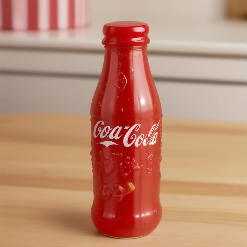  in the kitchen, on a wooden table, a red jelly bottle coca-cola with a gummy candies inside of it, jelly texture, gummy texuture, candy, realistic texture, realistic style, detailed texture, high quality, high resolution, high quality rendering, realistic photo, brightning light, macro photo, ultra hd 4k
