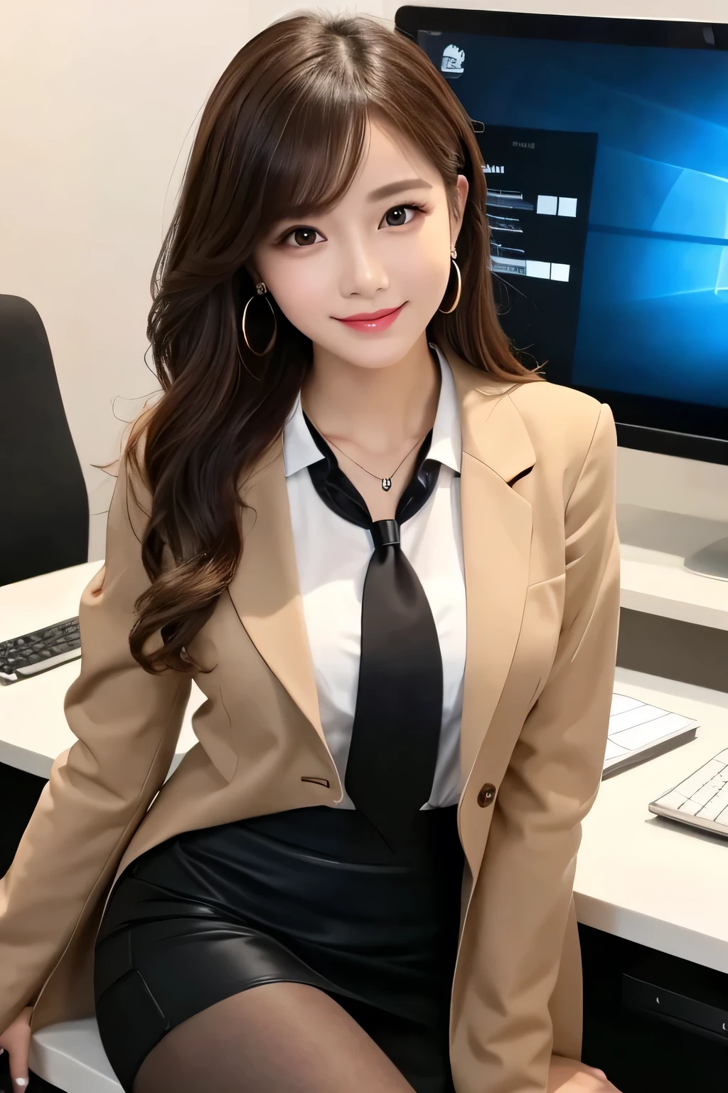 Beautiful young woman、Woman sitting on chair in office、Full body photo、 Light brown hair、、Working in front of a computer、Necklace around the neck、Office Lady Suits、Jacket、Unbuttoned shirt、Knee-length skirt、tights、pumps、Flashy makeup、smile、Beautiful teeth alignment、short hair、Intricate details, Very detailed:1.2), 、 Looking into the camera,The background is the office、Necklace around the neck、Dark eyeliner、ear piercing
