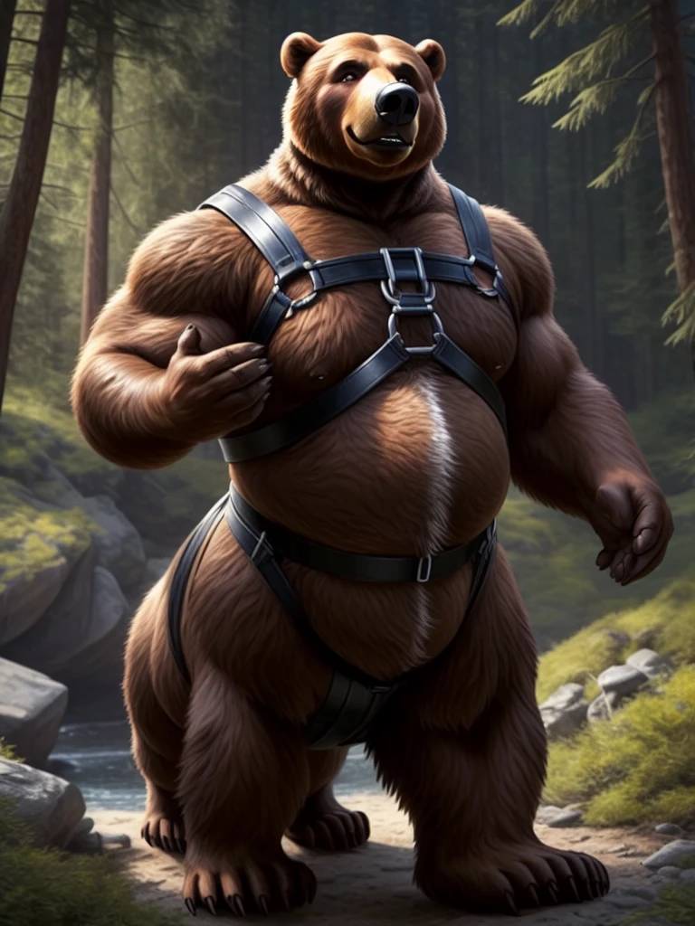 furry, fur taur, brown beartaur, middle-age, detailed face, bear ears, bear eyes(brown), bear nose(black), bear mouth, garibaldi beard(white), mature hair(white), detailed arms(strongest), hands(5 fingers), detailed body belly, muscle belly(white),  harness, detailed taur body, bear paws, bear tail