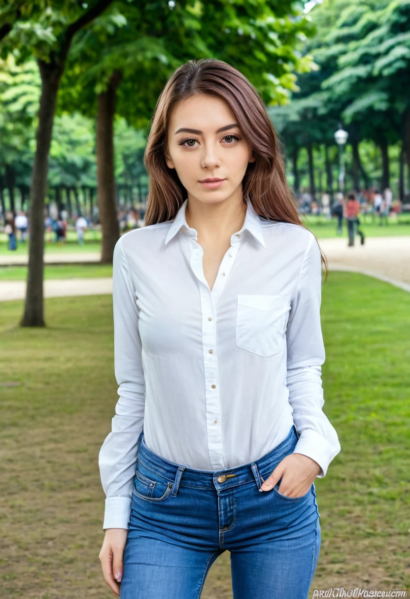 beautiful woman of 25 years old, in shirt and jeans in park, looking directly at the camera