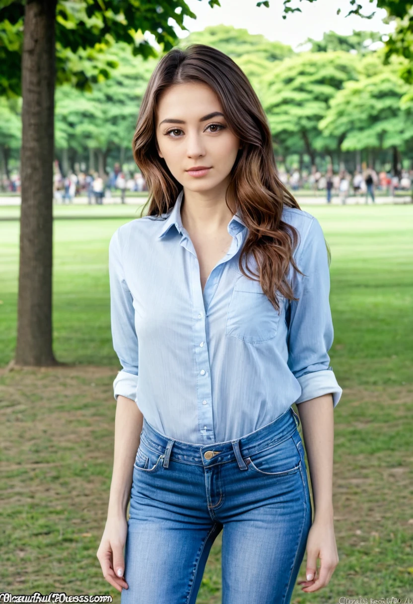 beautiful woman of 25 years old, in shirt and jeans in park, looking directly at the camera