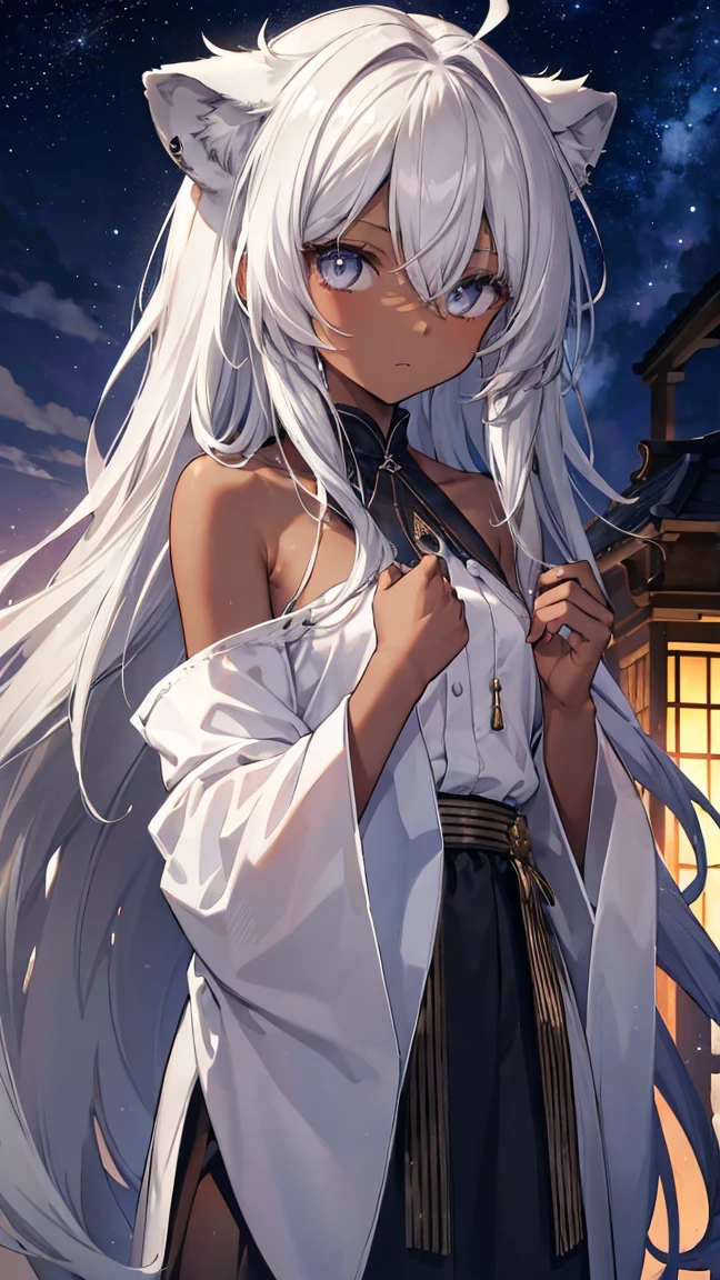 High resolution、Girl、Silver Hair、Long Hair,(Brown skin,Dark Skin,Sunburn),Lion ears、Grey Eyes、Slender、Toned body、Naked shirt,Lantern,Starry Sky,Mansion,Shoulder,