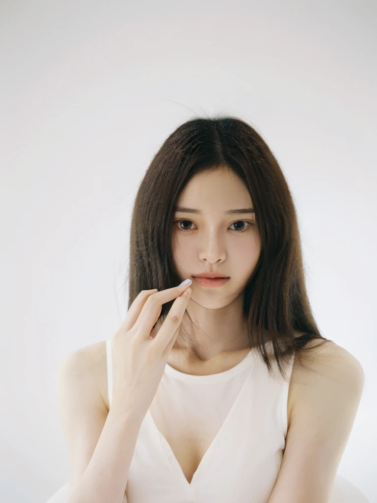 "Model , white background, elegant pose, clean and minimalistic, high contract, focus, lighting, portrait orientation, modern fashion photography style."
