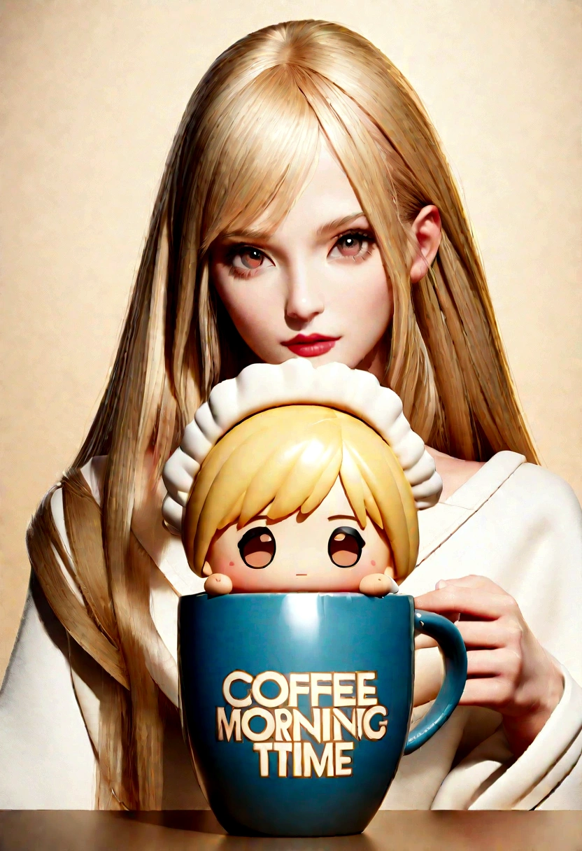 A captivating and visually stunning 3D illustration of a chibi character perched gracefully atop a large mug of steamy coffee.Her long, elegant blonde hair flows in the breeze, framing her curious and wonder-filled brown eyes. The mug features the intriguing text "Good morning, coffee time," adding a dynamic and unique touch to the composition. The artwork masterfully blends elements of portrait, fashion, poster, photography, anime, and 3D representation, resulting in a photorealistic and surreal scene that is both visually stunning and utterly unique. The character's fashion-forward attire and the enchanting atmosphere create a sense of fantasy and wonder, immersing the viewer in a world of imagination and creativity., poster, anime, fashionLess
