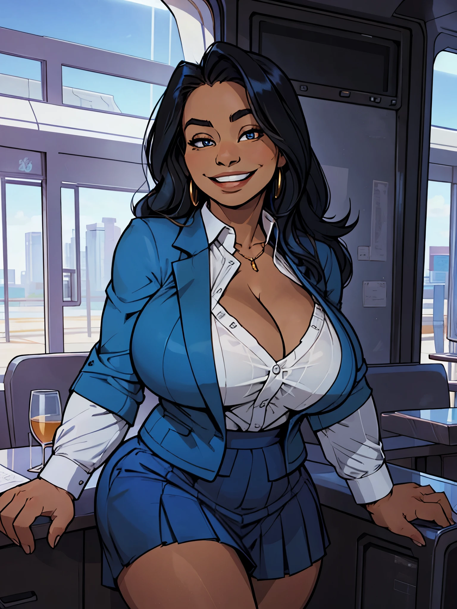 1girl, woman, best quality, beautiful, long hair, masterpiece, black hair, smiling, hourglass figure, wide hips, large breasts, blue coat, white blouse, cleavage, pleated blue skirt, business attire, travel agency, smiling, thick thighs,