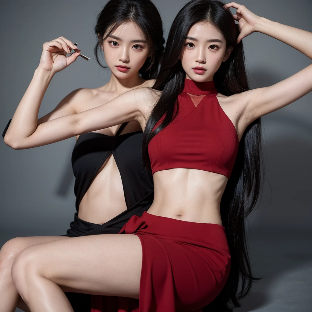 a woman, gorgeous women, Use crop top, Asian face, long hair, open stomach, Open waist, Wearing a dress with an open stomach, Has a mole under the left eye.