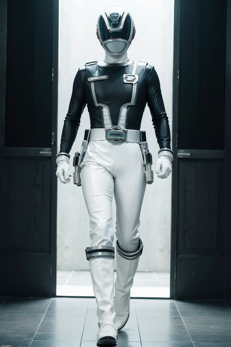 1boy, white, full body, Illustration, cinematic light, high resolution, best quality, ultra detailed, masterpiece, power suit, powerranger, suit, spd, (white ranger suit))
