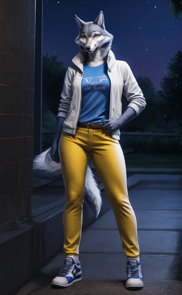 Porsha is a tall Arctic-gray wolf with yellow eyes and bluish-grey and white fur. She wears purple sunglasses, a dark blue jacket with multicolored accents, yellow trousers, grey and white sneakers, and a blue vintage t-shirt, anthro wolf, female, adult, blue fur, buffed body, tail, sexy, beefy body, furred body, furry chest hair, realistic, full body, photorealistic, ultra realistic, 8k, night, bare-chested