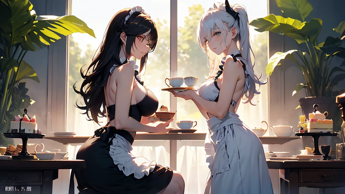 (masterpiece, Highest quality), (Ultra-high resolution, 8k RAW photos, Photorealistic:1.5, Fabric Shading, Thin contours), Beautiful mature woman preparing a tea party in the garden, (Tea set, you can, Tea cup, Some cakes on a plate), Gothic Table, 伝統的な茶色のMaid clothesを着用, Bare shoulders, Maid clothes:1.2, Long Flared Skirt, apron, tall and leggy, Long white hair, Wearing rimless glasses, (Mature Woman:1.5, 28 years old, alone), (Large Breasts, Saggy breasts, big , Tight waist), (Long white hair, Hair on one eye, Updo, Side Lock, Asymmetrical Hair, Wavy Hair), (Bright Eyes, Fine grain, A face with attention to detail, perfect face shape, Bloodshot eyes), (A seductive smile, Half-close your eyes), (Looking at the audience:1.3), (Dynamic Angle, Thigh focus, From side to bottom:1.2), ((Correct Anatomy:1.5, The right move)), (Ideal body proportions), Outdoor, Grass garden, I have a book,Tropical atmosphere