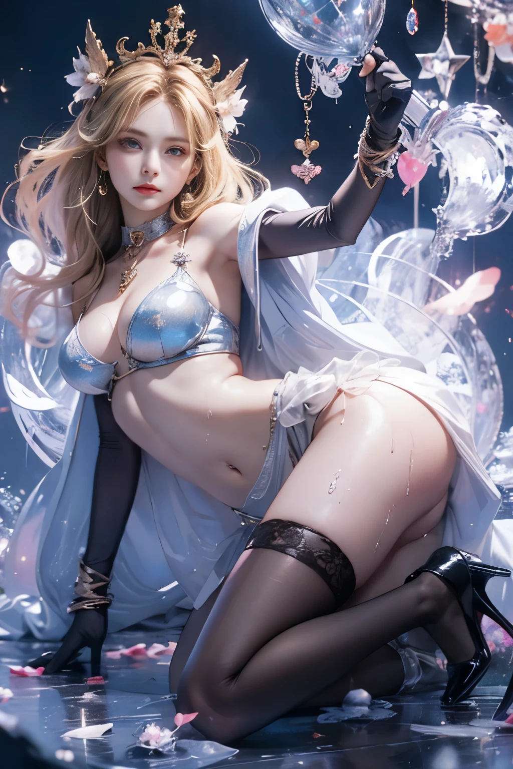 (8k extremely detaileded CG unit wallpaper),(Highest quality),(Best illustrations),(Best Shadow), (detailed: 1.4), 。.。.。.。.。.。.。.3d, んdebtdebt(High Dynamic Range), Light Tracing, NVIDIA, Super Resolution, Scattered beneath the surface, PBR Textures, Post-processing, Anisotropy debtiltering, Depth of written boundary, Maximum sharpness and acutance, Multilayer Texture, Albedo and Specular Maps, Surface Shading, Accurate simulation of light-matter interactions, Perfect balance, Octane Rendering, Two-tone lighting, wide aperture , Low ISO,White balance,Rule of Thirds,8K RAW,intricate-detailed, Delicate pattern, Deep Shadow, masterpiece, real, Roughness, Surreal, Photographed with Canon EOS R5, 50mm lens, debt/2.8, Sharp debtocus, Smoothing, Roughness, Real Life, Photorealistic, Cinematography, 8K Ultra HD,In the flower field,Blue debtlower Girl,1 Girl,solo,Europe,Beautiful Bride,Light Smile,Highly detaileded blonde hair,Mature Woman,Sky Blue Gossamer Veil,Sky blue light cloak,Sky blue gossamer coat,Sky blue thin skirt,Sky blue lace underwear,Sky Blue Lace,Sky Blue Gossamer Gloves,choker,Earrings,gem,Small items,Headdress,Hand decoration,Leg decoration,High heels,Huge breasts,Large Breasts,Big Breasts,Burst chest,Big Breasts,Ample breasts,Expose your breasts,Exposed breasts,Tight waist,Naked butt,Big butt,Bare Belly,Belly button,Wet,Wet body,Sweaty body,Shiny skin,
