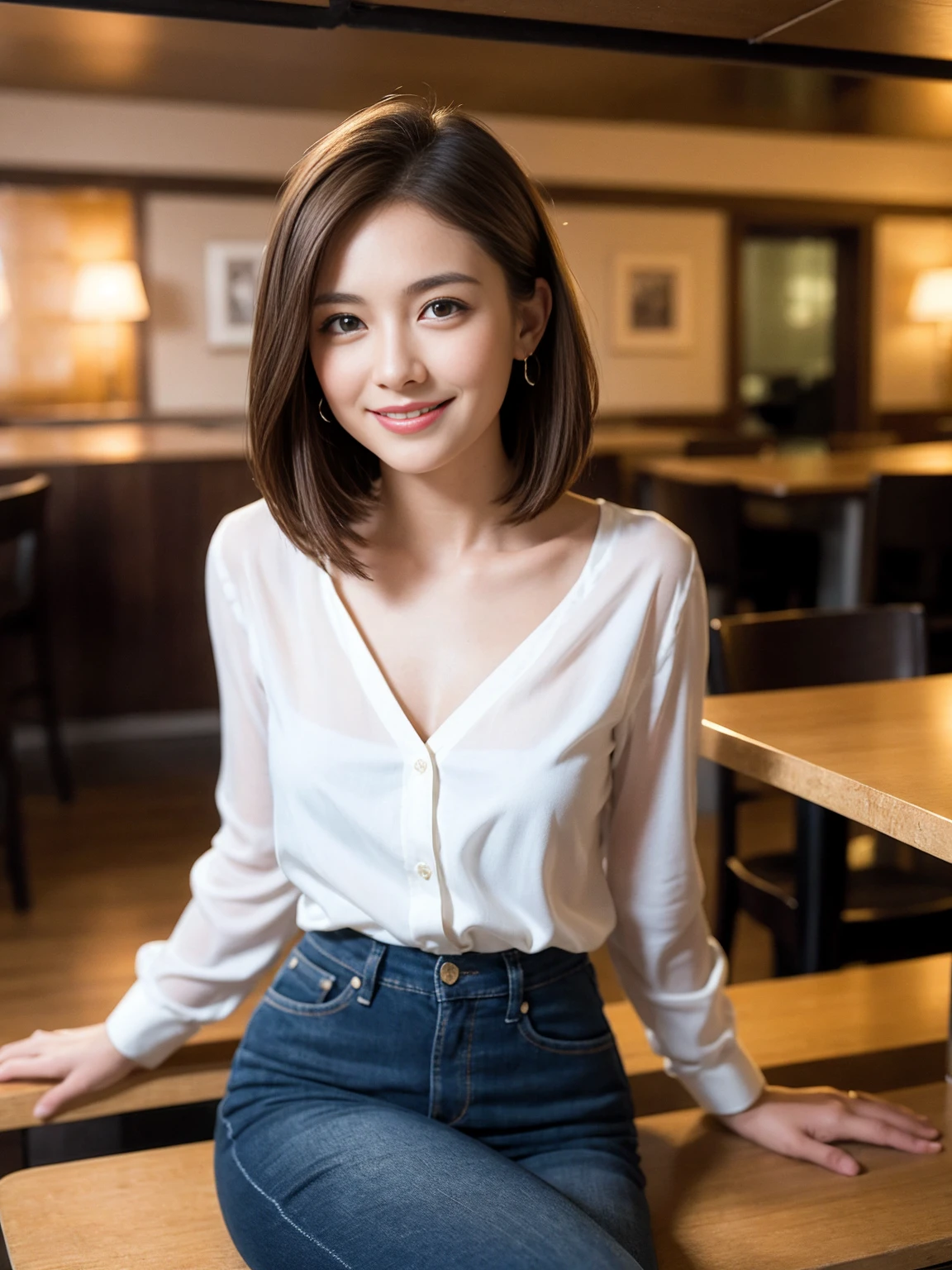 ((Highest quality、8K、masterpiece:1.3))、1 male、1 female、Couple、spouse、Couple、The body is slim、((Bob Hale、Straight hair:1.2)), (Realistic, Intricate details:1.2), テーブルの上のwine glass、Put the light on your face、 Amazing view of the sunset sky and clouds、Amazing mountain views、A bright smile、The wonderfulness of smile、Bright image、The beauty of wine, Beautiful Face, blue eyes, The light shines on your face, Blushing, short hair,Bright Face、 (Age 37), 39 years old, red wine 、Appetizers、Italian food、Wine bottle、Champagne、sparkling wine、Two beauties、Brown Hair、Shortcuts、Long sleeve shirt、dress、Beautiful woman 1, (slimな顔), (The body is slim), (Brown Hair), (Shortcuts), cheeks turn a little red,Attractive beauty、restaurant, In a prominent place (From the waist up) Nova Frog Style, actress, model, Upper Body, White wine, slim, wine glass, 中央に置かれたwine glass, smile, (smile: 1.15), Beautiful fine grain, Depth f/2,saturation, High Contrast, Strong light and shadow,Moist Body:1.5、3D texture、Delicate eyes、Brown Hair、The hair is very shiny、