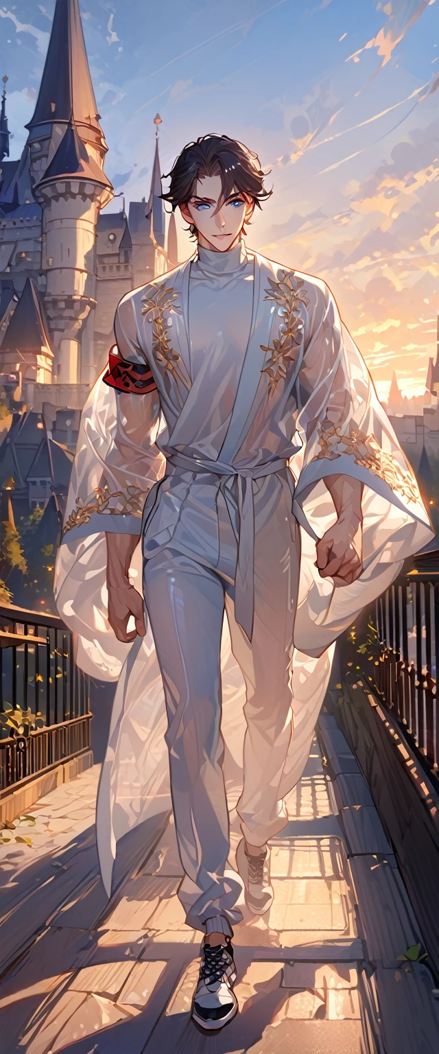 masterpiece, best quality, 8k ,4k ,solo, male, short dark blue reddish hair, black sleeveless turtle neck shirt, transparent robe hanging by the shoulder, transparent embroidery robes, white jogger pants, Walking, Manly pose, muscle arms, Armband, bangs, blue reddish eyes, pale skin, sharp look, Sharp eyes, Morning walk, Castle Hall Background, high quality, extremely detailed, finely detailed eyes and detailed face, slender body, inspired by Asukaziye artist : ask, art style : ask