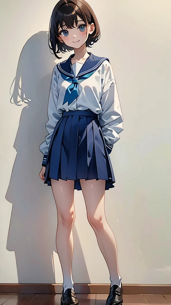 (1 Girl、alone、whole body、14 years old、natural standing posture)、(Standing casually)、(whole body:1.4)、(whole bodyショーケース)、(whole bodyを見せる)、((Character Concept Art))、(Portraiture:1.2)、(Detailed facial depiction、Carefully drawn face、A kind smile)、Short dark brown hair、Sailor suit、Navy blue sailor collar、uniform、Short skirt:1.37、超Short skirt、shoes、loafers、(Vintage、Classic)、((No background))、((White Background))、Blur the background、(No logo)、((watercolor))、Impressionist style painting、(Highest quality、masterpiece)、