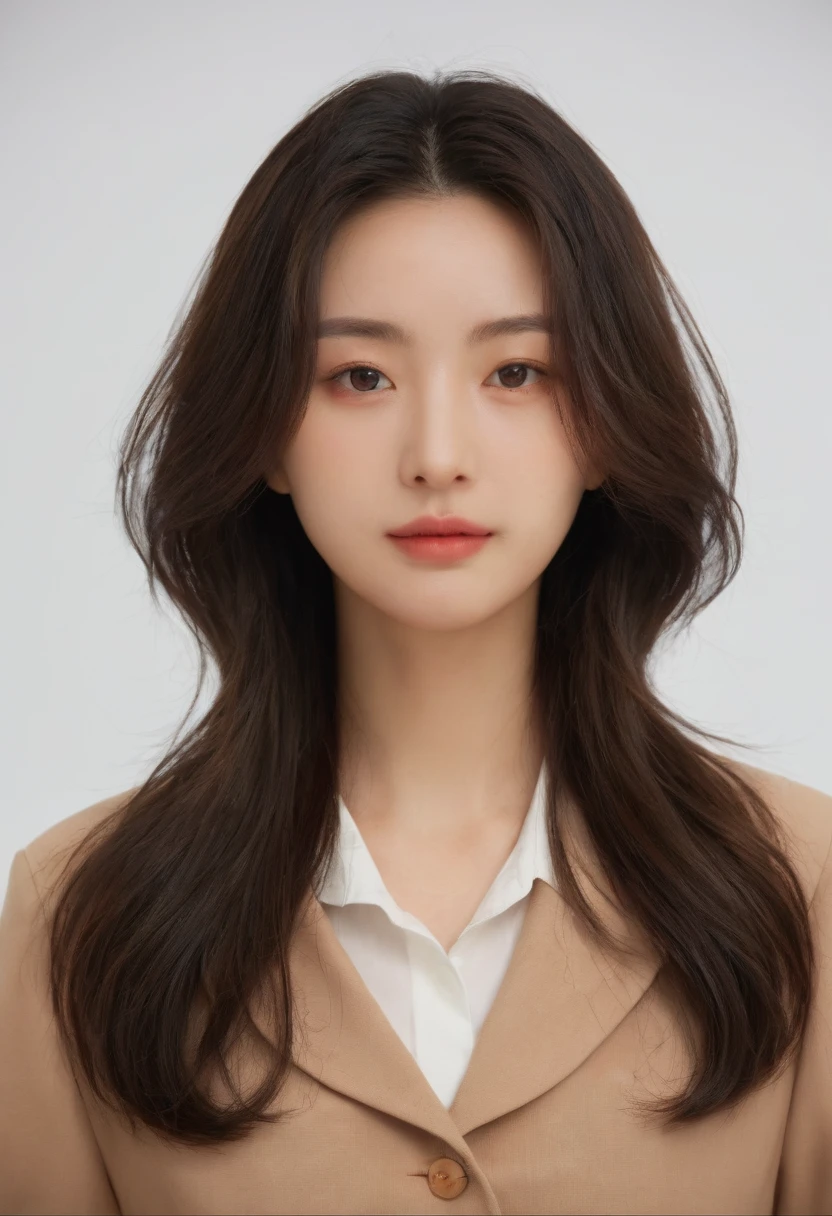 Best Quality, 8k, Masterpiece, (Portrait: 1.3), (photo realistic:1.4), (hyper realistic:1.4), Sharp Focus, looking at viewer, (smoother lighting:1.1), (increase cinematic lighting quality:0.9), realistic lighting, backlighting, light on face, ray trace, (brightening light:1.2), (Increase quality:1.4), sharp detail, (best quality real texture skin:1.4), finely detailed eyes, black_eyes, finely detailed face, 25 year old Korean woman, (white formal_shirt:1.4), (Create an image maintaining the original base model hairstyle:1.5)