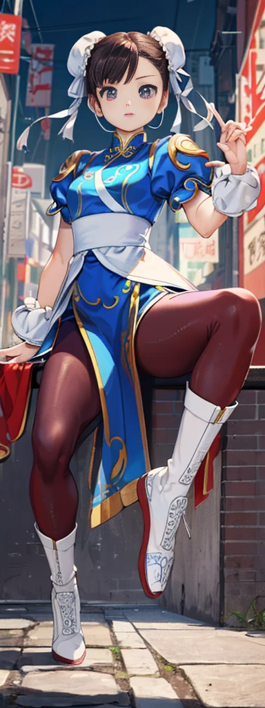 chun-li,((masterpiece)), ((best quality)), ((ultra detailed)), ((kawaii)), cute, (lovely), ((extremely detailed)), ((8K)), (beautiful),flat breast, tiny breast,full body