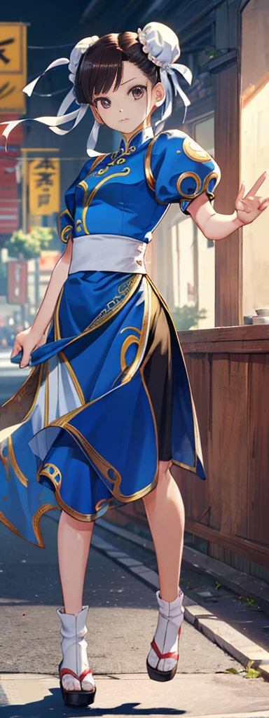 chun-li,((masterpiece)), ((best quality)), ((ultra detailed)), ((kawaii)), cute, (lovely), ((extremely detailed)), ((8K)), (beautiful),flat breast, tiny breast,full body