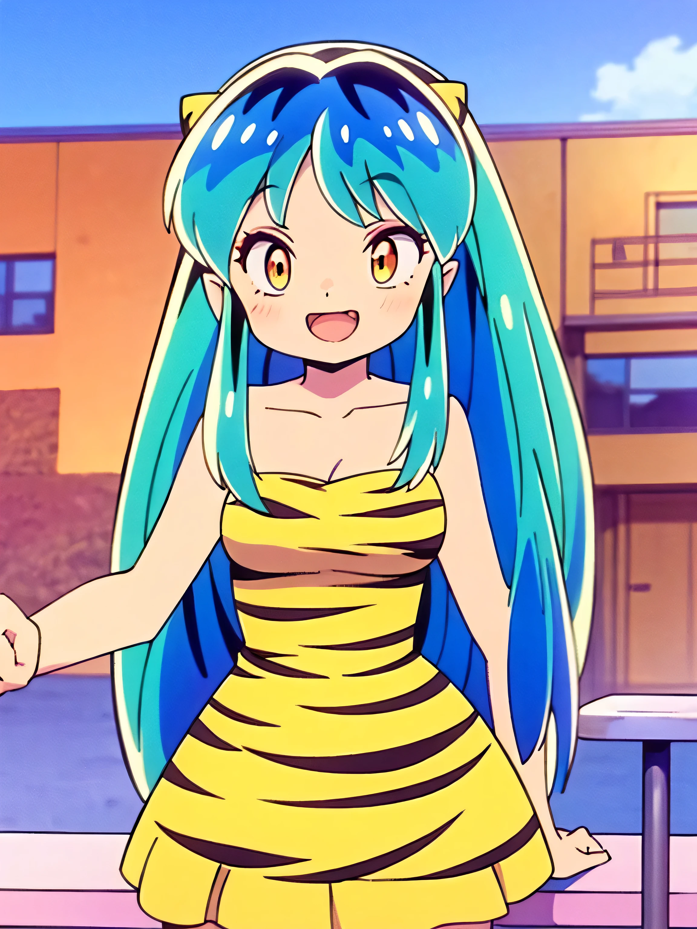 (masterpiece, high quality, 16k anime quality, anime style, retro art style, clean brush strokes, very detailed, perfect anatomy), (front view, from below), solo girl, (Ram), cute girl body, (beautiful eye detail), yellow eyes, (multi-colored hair, aqua blue hair, long hair, thick unevenly parted bangs), open mouth, smiling, cowboy shot, collarbone, (girl dress, children's clothing, leopard print), (dancing, fluttering, looking forward), looking at viewer, (park background, on a bench),