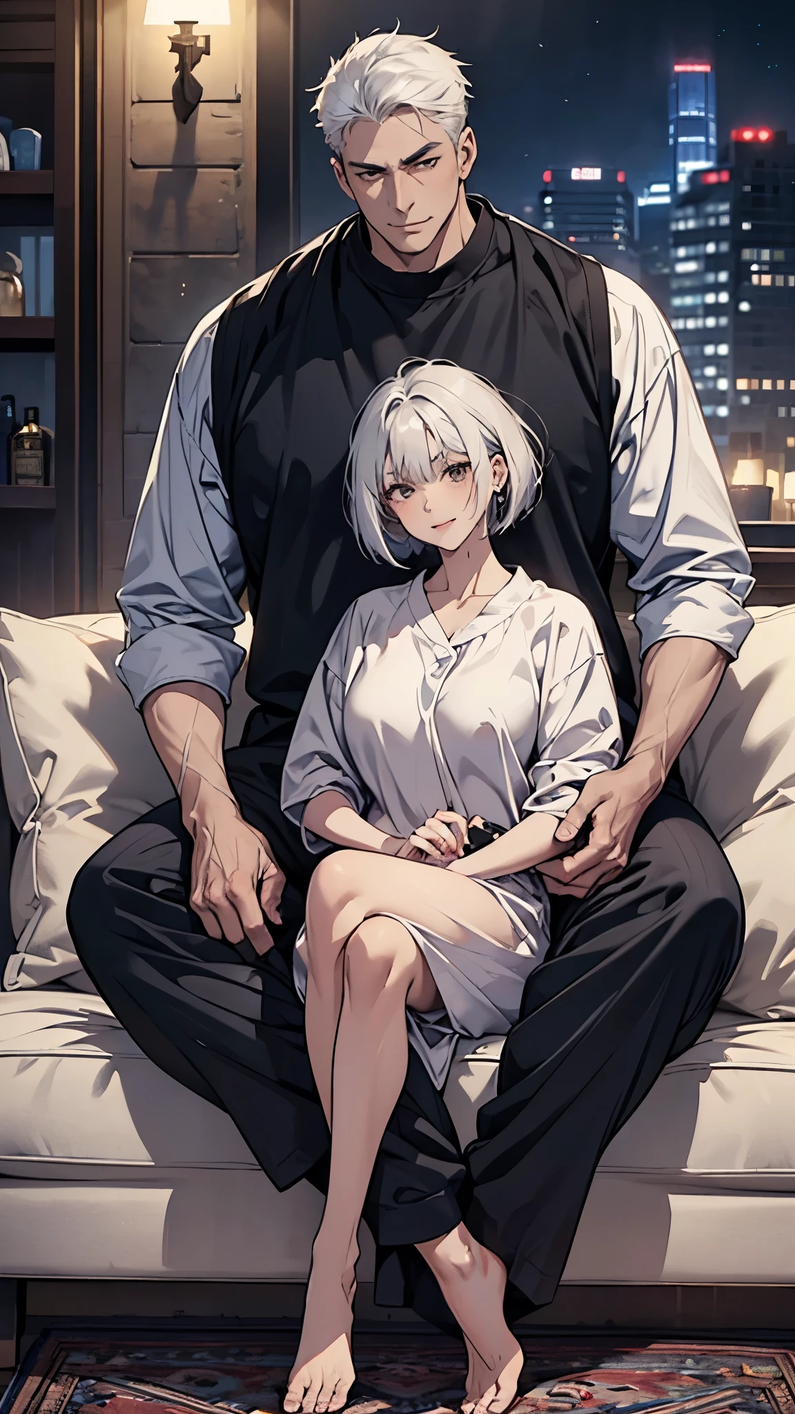 A tall, middle-aged man with short white hair and a tough look、A girl with black hair, a bob and big breastan and woman lovers、Age Difference、love story、２Alone、Height difference、Sitting on a big sofa and chatting、Late Night、Full body description、smile、In pajamas、Gazing at each other、
