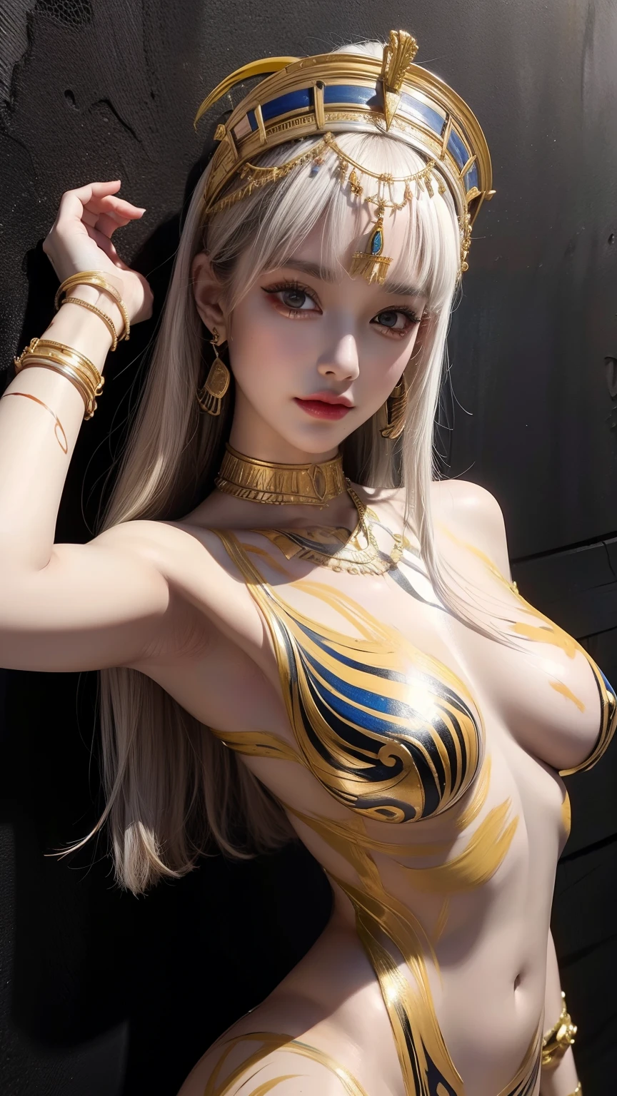 {((body painting with cleopatra style theme, Use bright colors))}, masterpiece, (best quality, ultra-detailed:1.4), (ultra high res:1.4), (sharp focus:1.3), (insanely detailed:1.3), masterpiece, best quality, 1girl, solo, (body painting:1.4), street wall background, looking at viewer, (F-cup sagging breasts), photography lighting, Model, fair skin, painting on fair skin, Large area body painting, ((Areolas painted:1.4)), fair skin, small areolas, from above:1.4