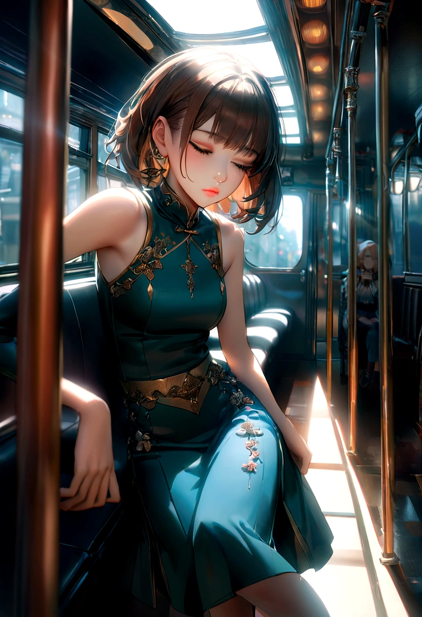 (masterpiece,Kilo,Hyper HD,16K)Brunette color hair,15-year-old girl,Multi-layer gauze skirt,Emphasize lips,Blusher,Soft lips,Glossy Lips,,Smooth, silky soft hair,Sparkling,So much so that I hate looking away,She is wearing a suspender cheongsam!Imagine that.,She wore a cheongsam with suspenders to go shopping in bustling Sanlitun.,I want to see more。Look closer, nevertheless,Her belly button pocket is very stylish,The skirt flutters in the wind,It's like the whole street is being energized.,Crocodile skin train,Sneak peek angle,(From a bottom angle),Sit in a crocodile leather seat on a train,Sit in front,Zoom,Head portrait,He has his head down and sleepy eyes,look at the ground, Highest quality, Hyper HD, (Realistically:1.4),, High resolution, detailed, RAW Photos, sharp, Nikon D850 film stock photo by Jefferies Lee 4 Kodak Portra 400 camera F1.6 shots, Rich colors, Ultra-realistic vivid textures, Dramatic lighting, Unreal Engine Art Station Trends, Cinestia 800,(Tilt Shift:1.4),Midnight Crossing,(Very colorful, Highest quality, High detail, masterpiece, Cinema Lighting, 4K, Chiaroscuro)