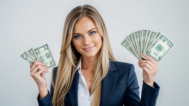 Very attractive woman, therapist. Long blonde hair. Dark blue eyes, facing the camera. Smiling. Expensive business suit. white background. Holding dollar bills in her hands.