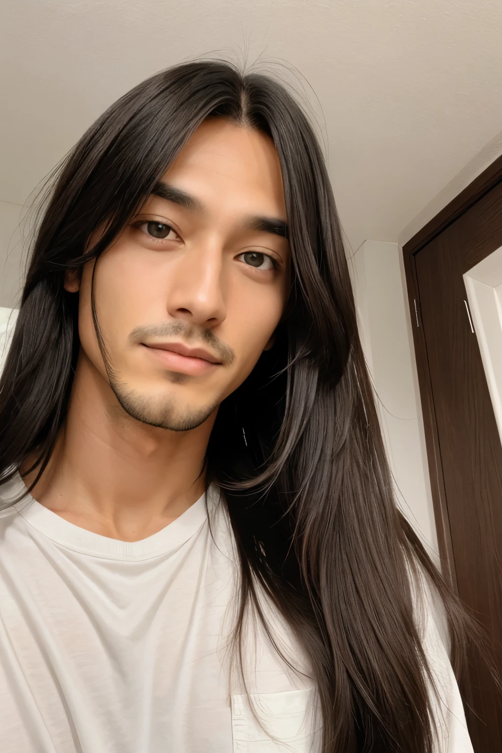 Man with v-face cut and medium long hair