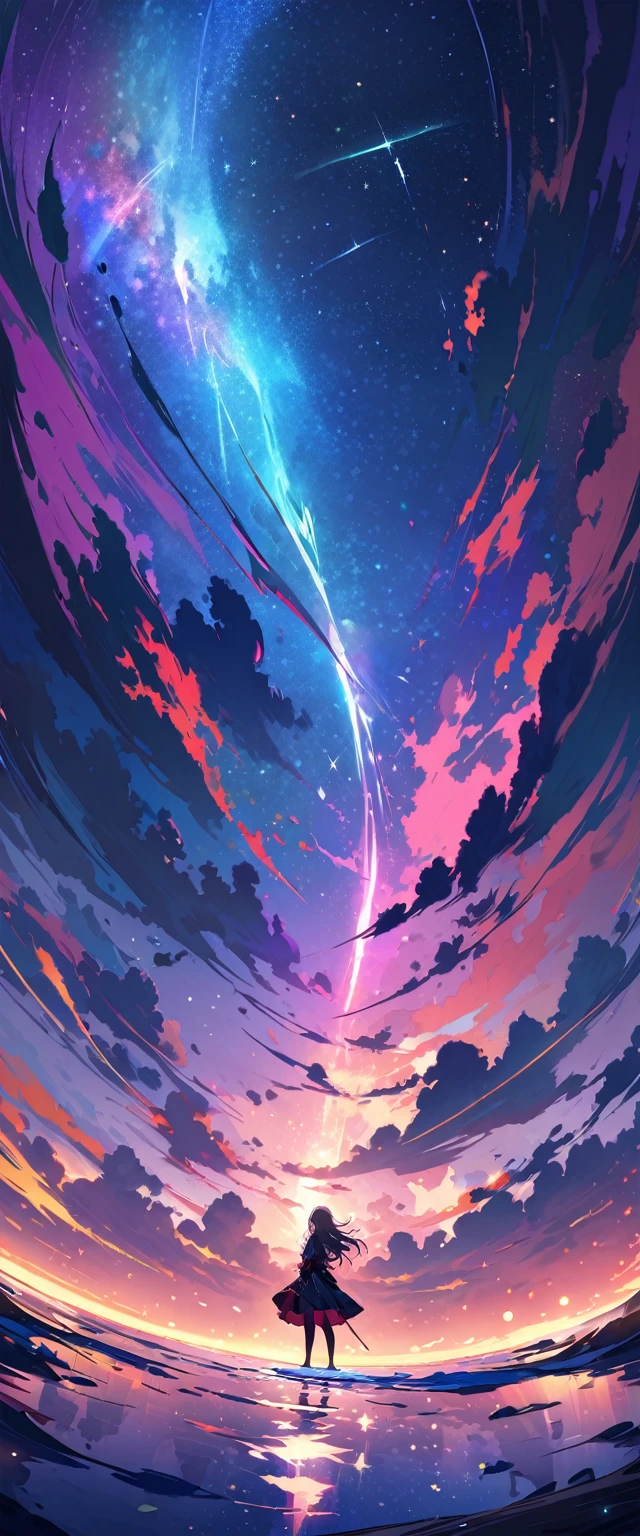 Unified 8k wallpaper, Very detailed, masterpiece, Best image quality,Ultra Wide Angle,Night view,woman,Standing in the pond,Water is like a mirror,Reflecting the sky。Looking up at the sky,Beautiful starry sky,Meteors、Dynamic Angle, Grace, Bright colors,