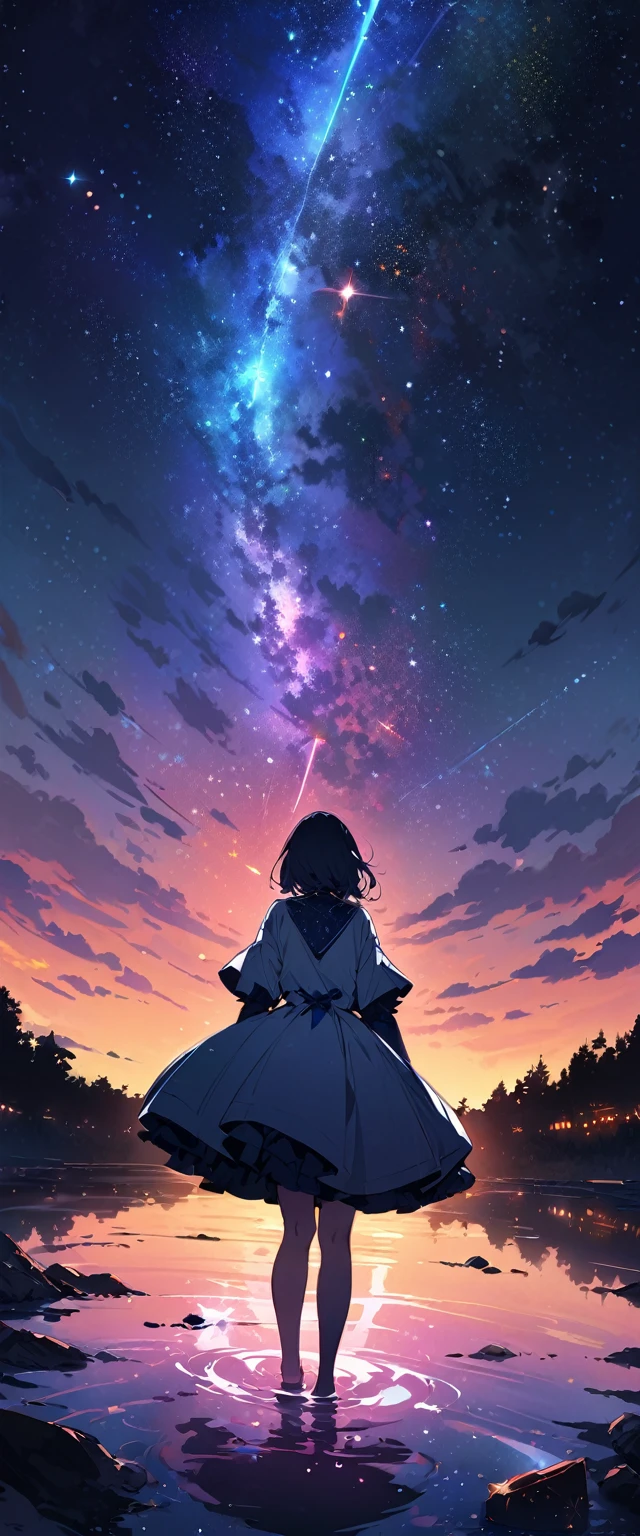 Unified 8k wallpaper, Very detailed, masterpiece, Best image quality,Ultra Wide Angle,Night view,woman,Standing in the pond,Water is like a mirror,Reflecting the sky。Looking up at the sky,Beautiful starry sky,Meteors、Dynamic Angle, Grace, Bright colors,
