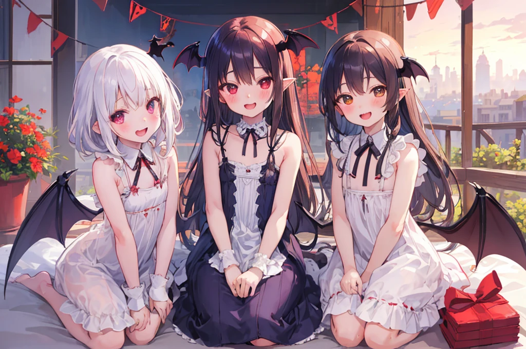 mastute piece, Best Quality, insanely detailed, 8k cg, (3+girls, 4+girls, 5+girls:1.2), harem, group picture, huddle together, front view, straight view, from below, cowboy shot, looking down, perfect face, detailed face, very cute face, (little children, 6yo, flat chest:1.4), (vampire, bat wings:1.2), arms down behind back, no hands, no fingers, wide smile, beaming, smiling warmly, full-face blush, wide open mouth, (outside city:1.3),