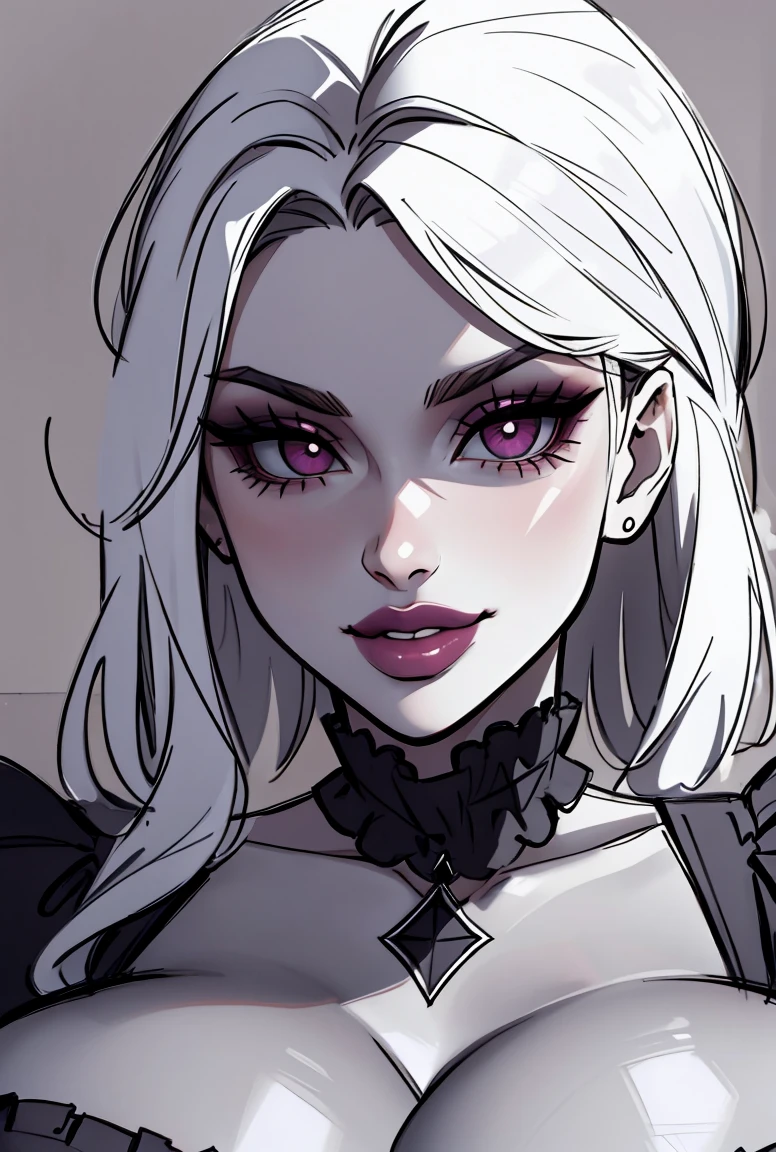 pen_sketch_style, 1girl, solo, ink, detailed face, puffy lips, gothic make up, beautiful woman, sketch, gigantic breasts, frilled dress,huge cleavage, seductive smile