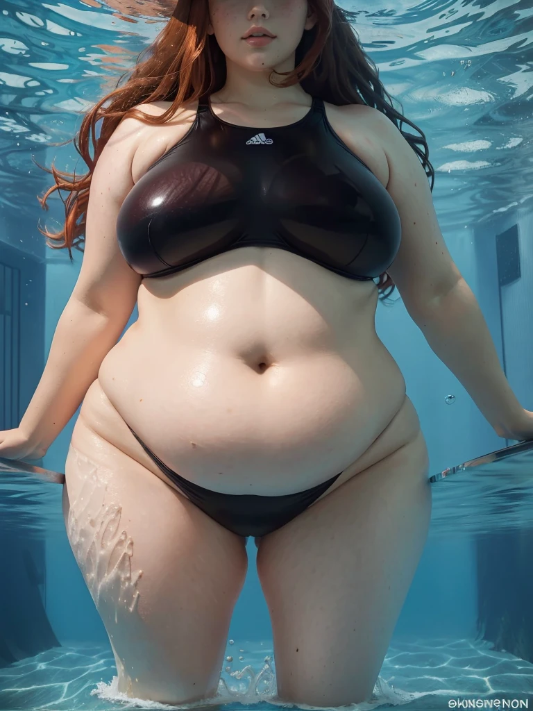 An underwater, below photo of a young beautiful redhead bbw with long wavy ginger hair soft fat belly, wide fat obese hips, thick fat legs and fat arms, cute pretty face, blue eyes, freckles, in a cute tight one-piece swimsuit