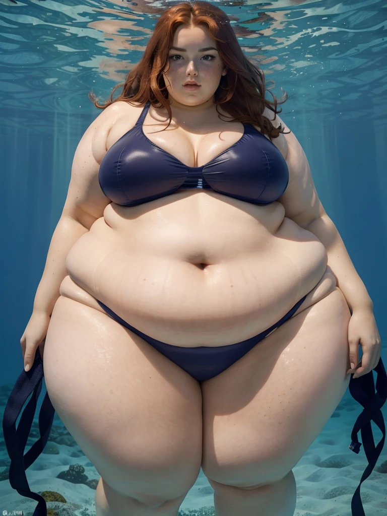 An underwater, below photo of a young beautiful redhead bbw with long wavy ginger hair soft fat belly, wide fat obese hips, thick fat legs and fat arms, cute pretty face, blue eyes, freckles, in a cute tight one-piece swimsuit