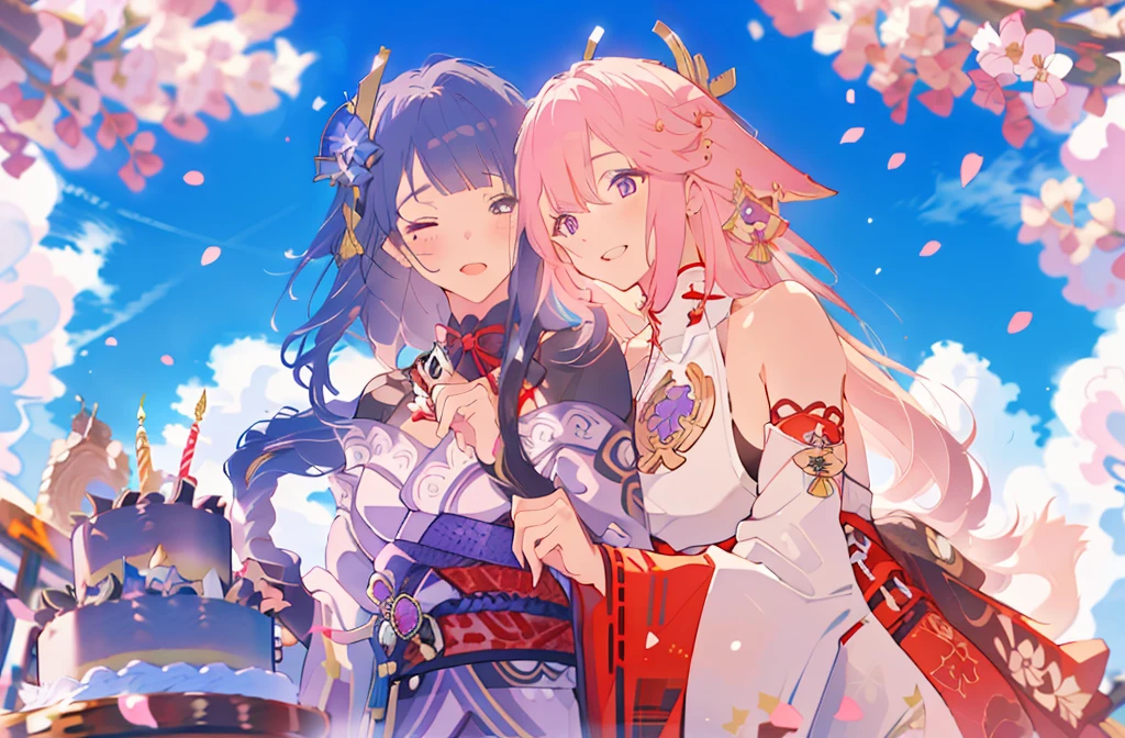 masterpiece, best quality,raiden shogun, multiple girls, 2girls, yae miko, pink hair, urple hair, japanese clothes, long hair,  animal ears,  hair ornament, fox ears, detached sleeves, kimono, ((birthday cake)) sakura trees, sakura petals