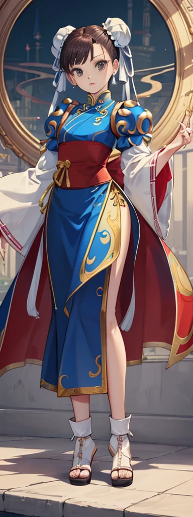 chun-li,((masterpiece)), ((best quality)), ((ultra detailed)), ((kawaii)), cute, (lovely), ((extremely detailed)), ((8K)), (beautiful),flat breast, tiny breast,full body